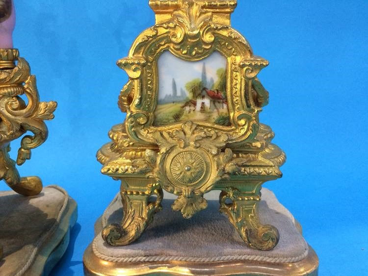 A French gilt three piece clock garniture, the clock with 8 day movement and strike action, set with - Image 3 of 16