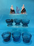 A set of six Davidsons cloud glass dishes, a purple glass squirrel and a pair of Malachite glass