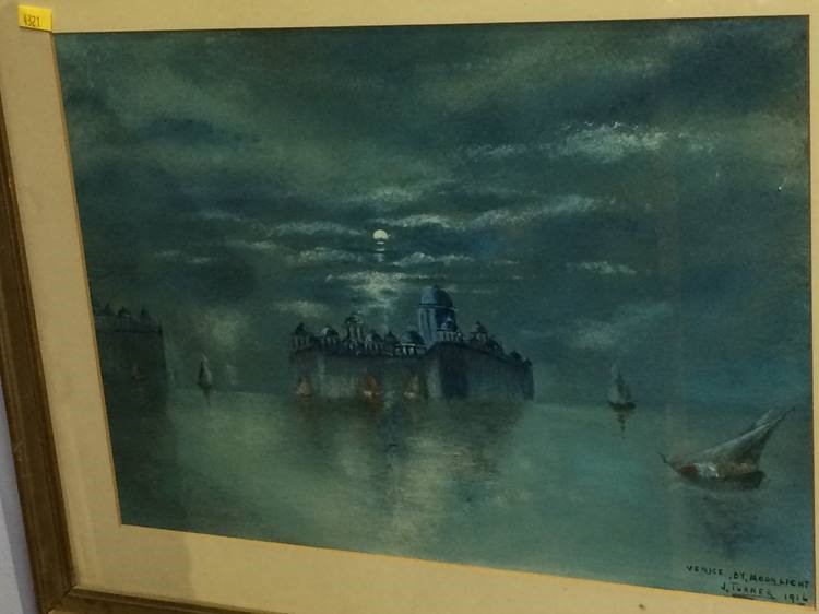 J. Turner, watercolour, signed, dated 1916, 'Venice by moonlight', 26 x 36cm - Image 2 of 2