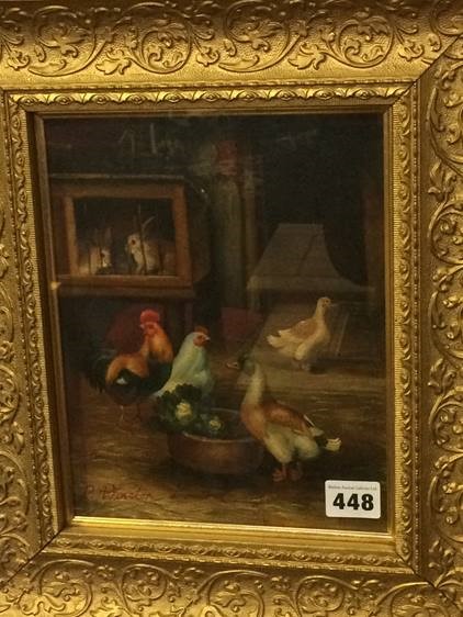 P. Winston, oil, Signed, 'Cockerel, Hens and Ducks', 24 x 19cm - Image 2 of 2