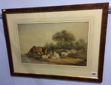 19th century, watercolour, 'Cattle and sheep resting by a river bank', 29 x 46cm