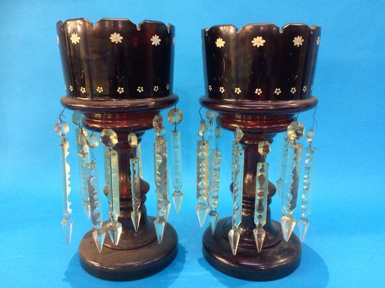 A pair of Victorian ruby and enamelled lustres - Image 2 of 12