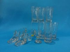 A set of six Victorian etched glasses, dated 1889 and a pair of glass shoes etc.