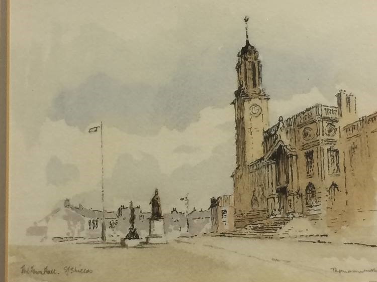 Watercolour, signed, 'The Town Hall South Shields', 19 x 24cm - Image 3 of 3