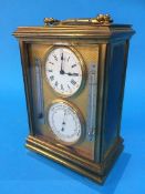 A brass cased clock compendium with compass clock, barometer and a centigrade and Fahrenheit