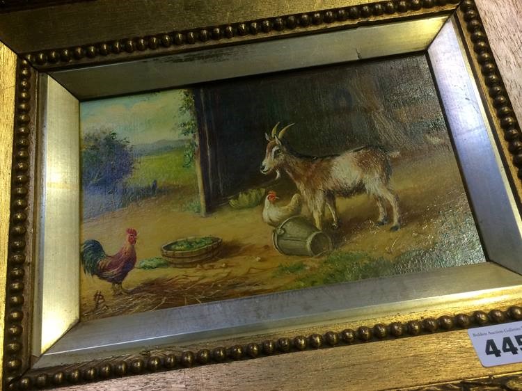 A set of three Continental oils on board, each depicting chickens, doves, goats and various farmyard - Image 5 of 5