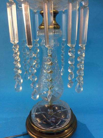 A tall cut glass table lamp with facet cut drops. 70 cm high - Image 4 of 8