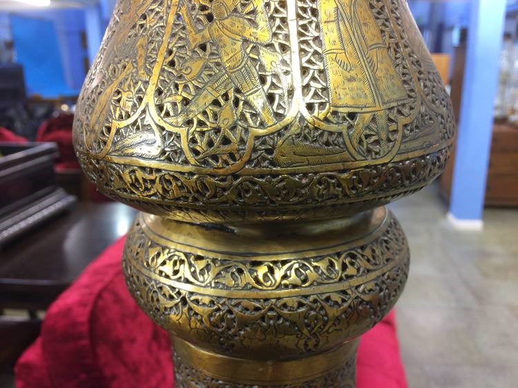 An Islamic Mosque lamp with trumpet neck and long pierced fretwork body leading to a flared circular - Image 13 of 22