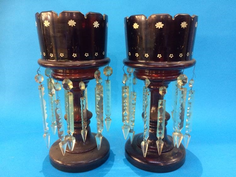 A pair of Victorian ruby and enamelled lustres