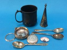 A silver mug, candle snuffer, various spoons etc.