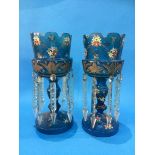 A pair of Victorian and enamel painted blue glass lustres. 30 cm high