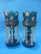 A pair of Victorian and enamel painted blue glass lustres. 30 cm high