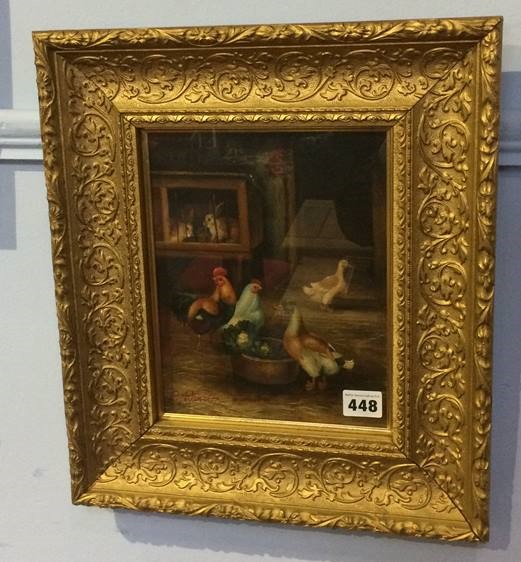 P. Winston, oil, Signed, 'Cockerel, Hens and Ducks', 24 x 19cm