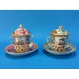 Two Dresden porcelain chocolate cups and covers, one decorated with romantic panels on a pink and