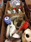 Two boxes of assorted Continental and Oriental ceramics, Miner's lamp etc.
