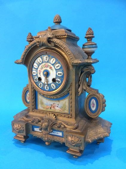 A French gilt clock with 8 day movement and strike action, set with Sevres style porcelain dial - Image 2 of 3
