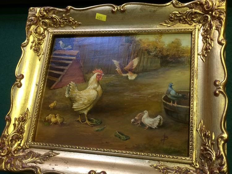 A set of three Continental oils on board, each depicting chickens, doves, goats and various farmyard - Image 3 of 5