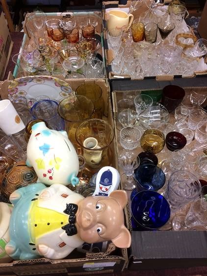 Four trays of assorted glass, including two Ellgreave pottery money boxes etc