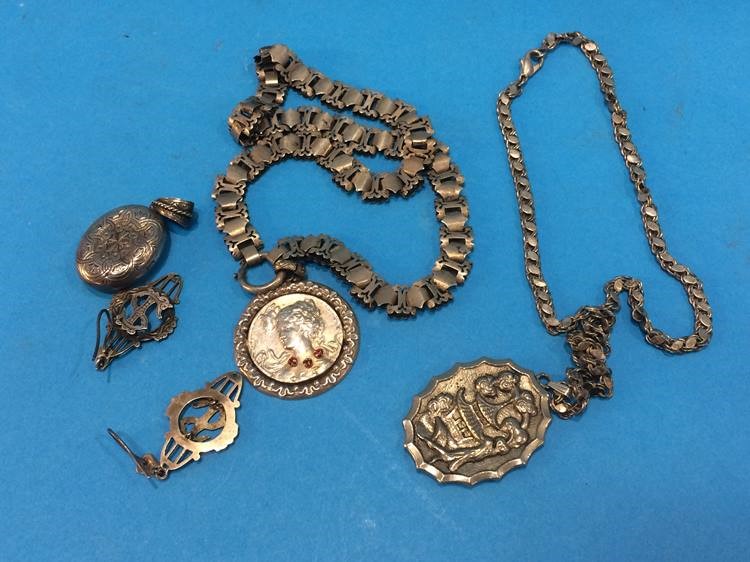 Box containing silver Victorian jewellery, 2 necklaces, pair of earrings and a locket