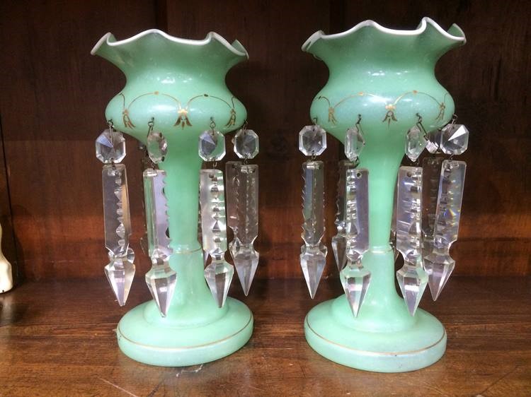 Pair of jade green table lustres