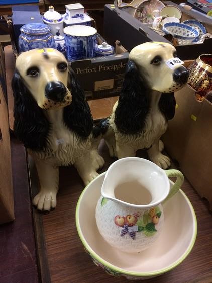 Two Spaniel figures and a wash set