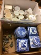 Two boxes, including tea china and Maling caddies, qty Wade whimsies