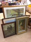 Three prints and a gilt framed oil on canvas