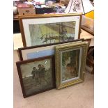 Three prints and a gilt framed oil on canvas