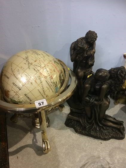 A globe and two figure groups