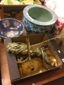 Fish bowl, box of brass etc.