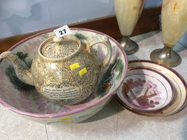 Sunderland lustre bowl and a tea pot etc.