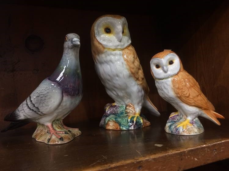 Two Beswick owls and a pigeon