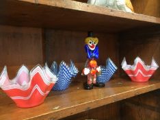 Four handkerchief vases and a Murano clown