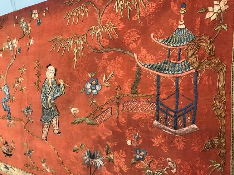 A fine 19th century Chinese panel on silk, decorated with figures and flowers, 220 x 53cm - Image 12 of 17