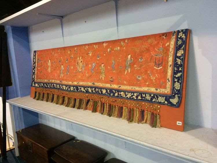 A fine 19th century Chinese panel on silk, decorated with figures and flowers, 220 x 53cm