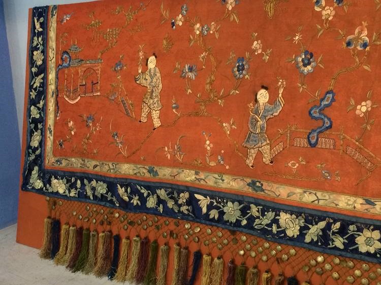 A fine 19th century Chinese panel on silk, decorated with figures and flowers, 220 x 53cm - Image 4 of 17