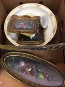 A box of paintings, wash bowl etc,etc.