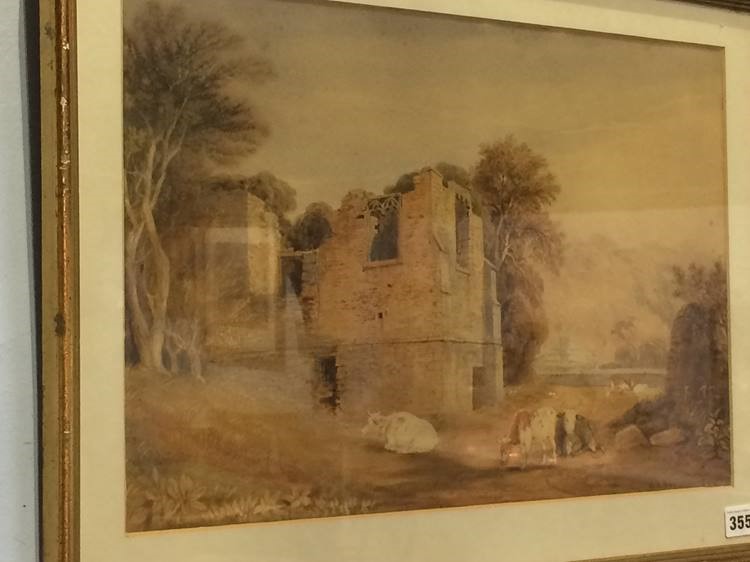 W.R. Robinson, watercolour, signed, dated 1844, 'Cattle resting by a castle ruin', 33 x 50cm - Image 2 of 2