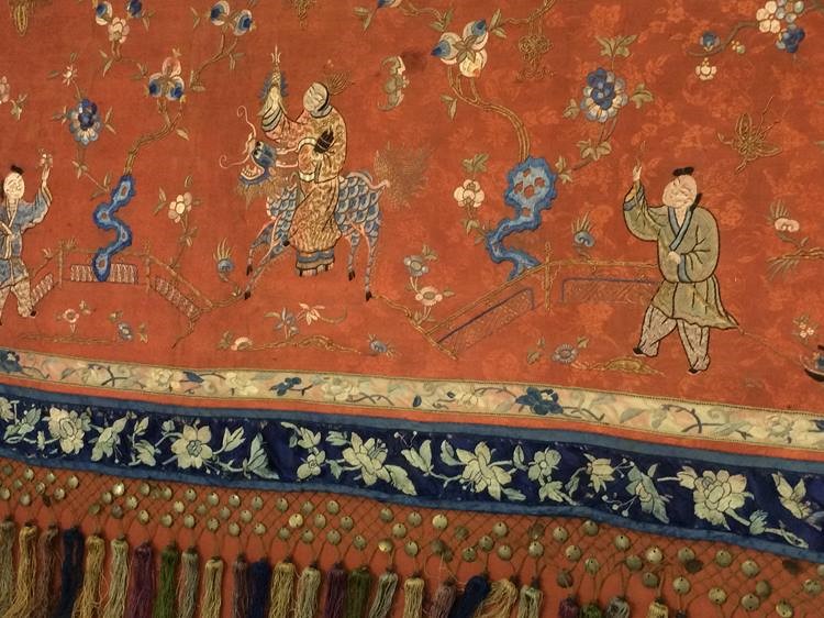 A fine 19th century Chinese panel on silk, decorated with figures and flowers, 220 x 53cm - Image 3 of 17