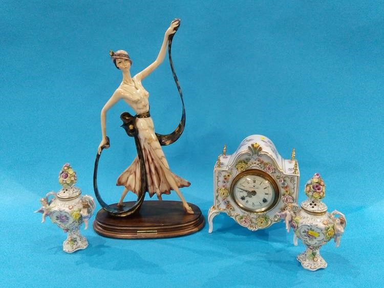 A porcelain clock, a pair of garnitures and a Deco style figure - Image 2 of 2