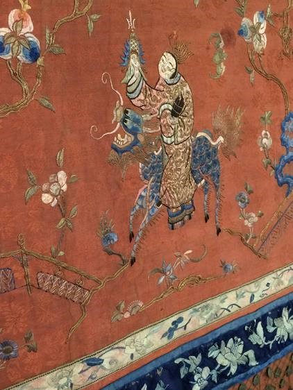 A fine 19th century Chinese panel on silk, decorated with figures and flowers, 220 x 53cm - Image 10 of 17