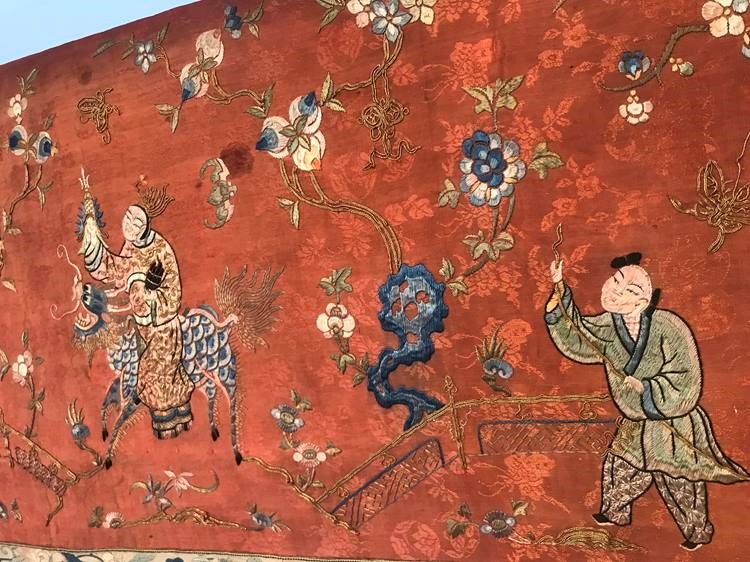 A fine 19th century Chinese panel on silk, decorated with figures and flowers, 220 x 53cm - Image 14 of 17