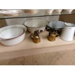 Two blow lamps and a quantity of enamelled bowls etc.