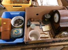Two boxes of clock, coins, pottery etc.