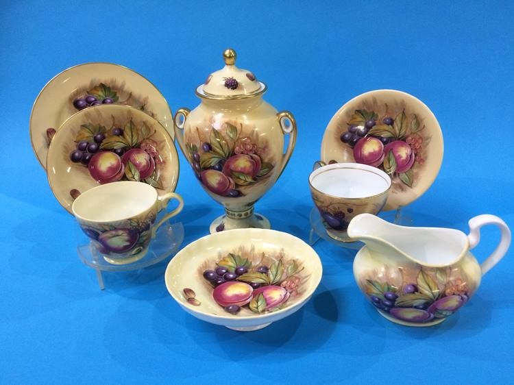 An Aynsley two handled vase decorated with fruit and six side plates, cream jug etc. - Image 2 of 2