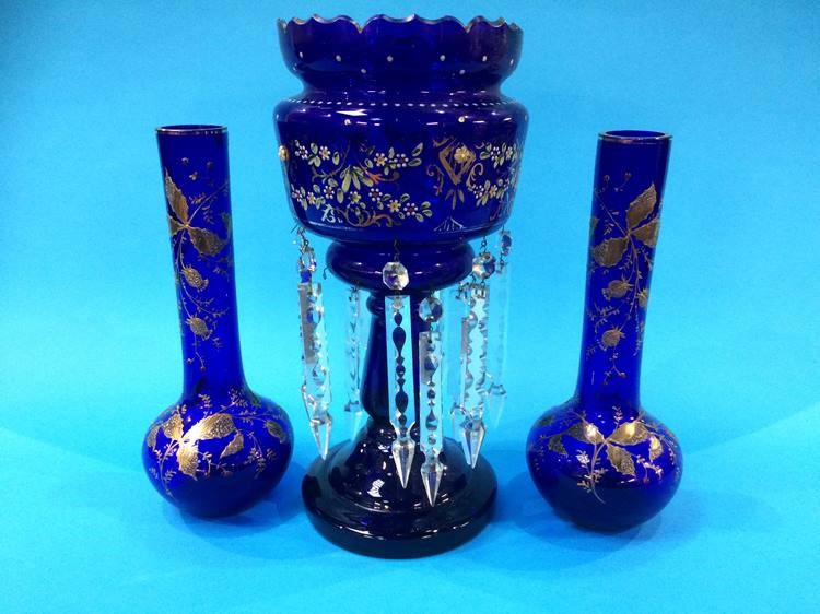 A blue glass lustre and a pair of blue and gilt vases - Image 2 of 2