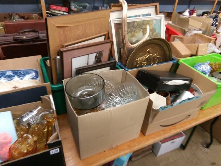 Eight boxes of glass, china, pictures etc.