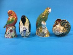 Four Royal Crown Derby paperweights, including 'Penguin', 'Farmyard Cockerel', 'Lorikeet' and '