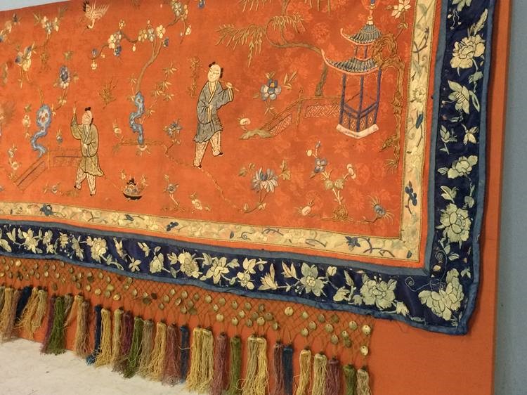 A fine 19th century Chinese panel on silk, decorated with figures and flowers, 220 x 53cm - Image 7 of 17