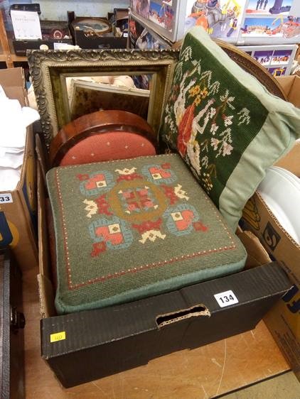 Two tapestry foot stools, cushion etc.